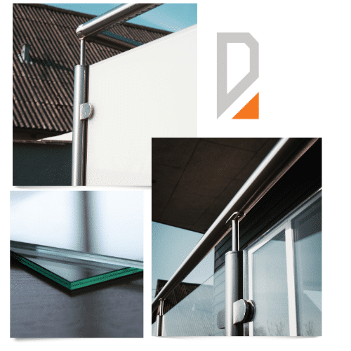 Kombinasjonsbilde som viser frostet glassrekkverk med håndløper i rustfritt stål, samt nærbilde av laminert sikkerhetsglass med CE-merke