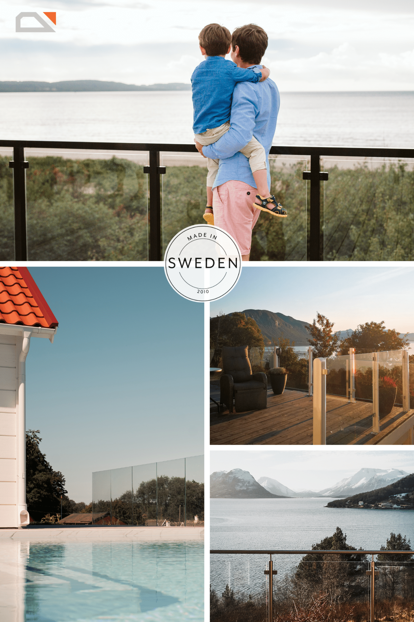 Kollasj med glassrekkverk i svart, hvitt og stolpefritt design ved hav, fjell, terrasse og basseng, med teksten "Made in Sweden".